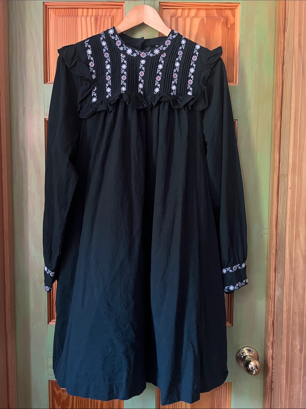 Madewell Black Long-Sleeve Ruffled Yoke Dress with Lavender Floral Embroidery